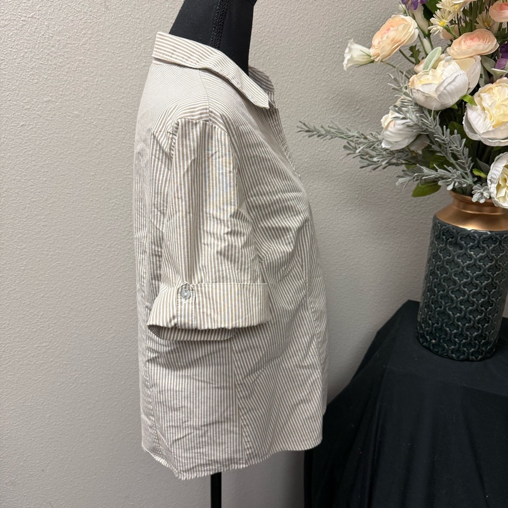 George Tan White Striped Button Down Shirt Short Sleeve Work Casual L - Picture 4 of 7